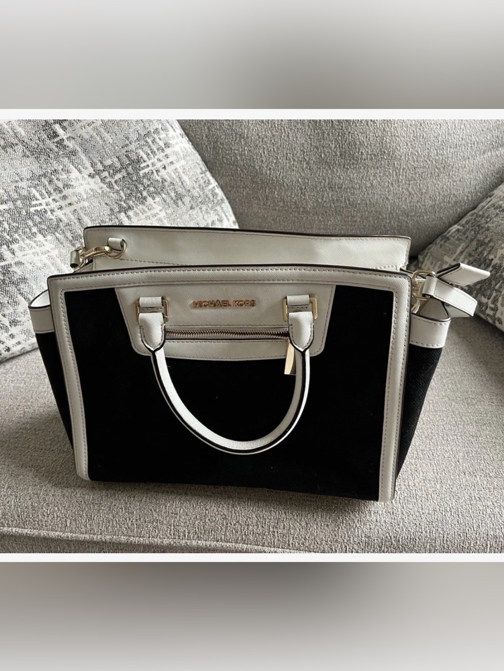 Michael Kors Black and White Canvas and Leather Selma Satchel